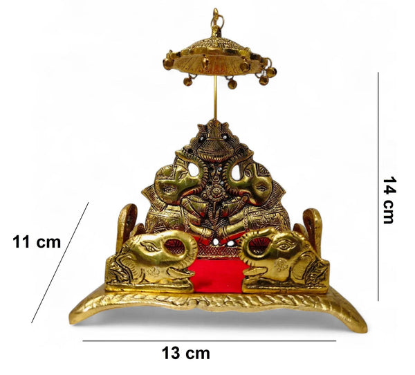 Elephant metal singhasan with red seat; 13 cm wide, 14 cm tall, 11 cm deep