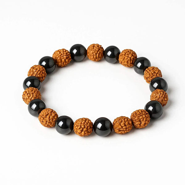 Beaded rudraksha and hematite bracelet with alternating black and brown beads