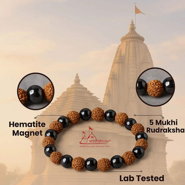 Rudraksha and hematite bracelet with inset closeups of black beads and brown rudraksha