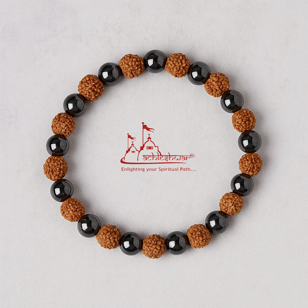 Achleshwar 5 Mukhi Rudraksha Hematite Bracelet, Lab Tested Spiritual Healing Beads, Adjustable