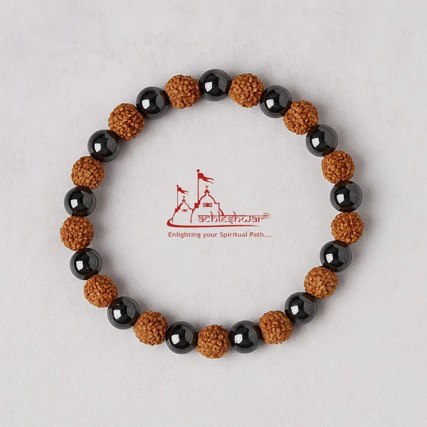 5 Mukhi Rudraksha Hematite Bracelet, Lab Tested Spiritual Healing Beads, Adjustable - Achleshwar