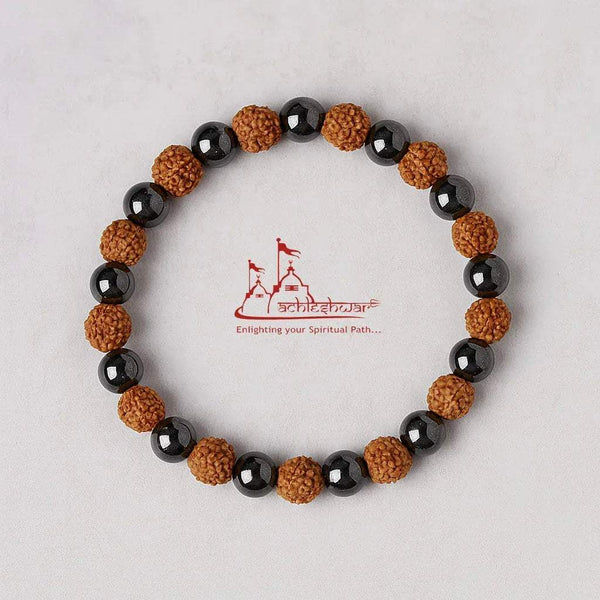 Beaded rudraksha and hematite bracelet with black round beads and brown textured beads
