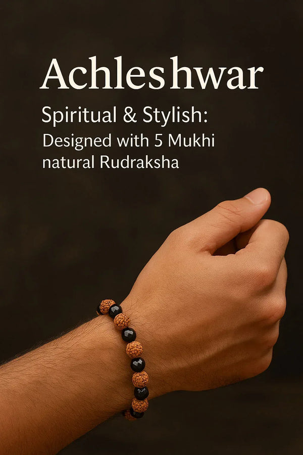 5 Mukhi Rudraksha Hematite Bracelet, Lab Tested Spiritual Healing Beads, Adjustable - Achleshwar