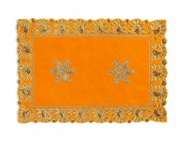 Yellow velvet rectangular pooja aasan with gold embroidered floral details and border