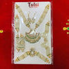 Gold-tone kundan-style Puja jewelry set shown on a retail display card