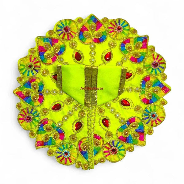 Lime green Bal Gopal dress with gold vertical trim and multicolor bead-and-stone floral work