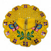 Embroidered poshak dress in yellow with gold center panel, floral motifs, and button trim.