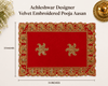 Red velvet pooja asan cloth with gold embroidery border and two central cross motifs