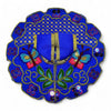 Embroidered poshak dress in blue with gold center panel, floral motifs, and mesh stitchwork.