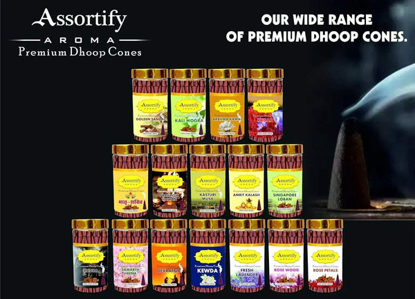 Assorted premium dhoop cone jars array with smoke and an incense cone