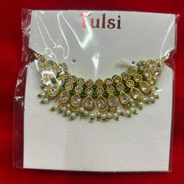 Gold-tone hair mala ornament with round rhinestones and green accents