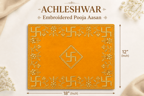 Mustard yellow velvet puja asan cloth, 18x12 inches, with gold embroidery and center swastika