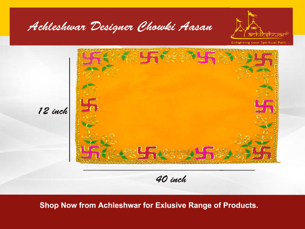 Designer Velvet Embroidered Pooja Aasan Cloth 12x40 inch Yellow | Chowki Aasan for God Idol