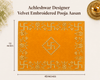 Rectangular orange velvet pooja asan cloth with gold geometric and floral embroidery
