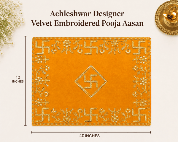 Rectangular orange velvet pooja asan cloth with gold geometric and floral embroidery