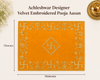Orange velvet pooja asan cloth, 19x13 in, with gold geometric and floral embroidery