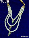 Pearl bead idol garland with three green pendant drops and gold trim