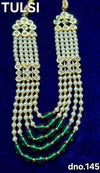 Pearl and green beaded hair mala necklace with gold-tone floral caps and dangling tassels