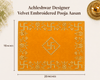 Orange velvet pooja asan cloth, 20x16 in, with gold geometric and floral embroidery