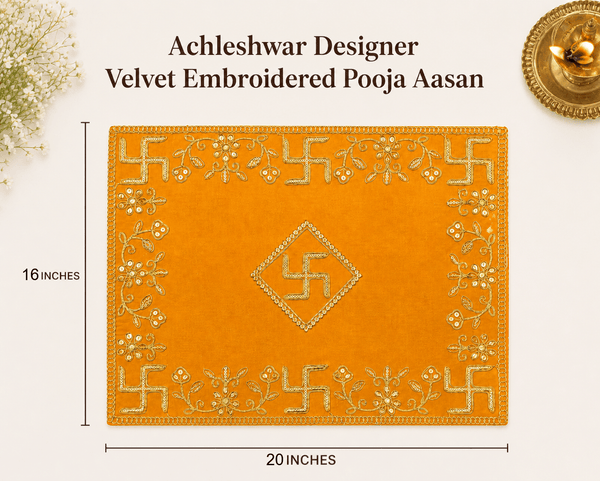 Orange velvet pooja asan cloth, 20x16 in, with gold geometric and floral embroidery
