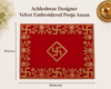 Rectangular red velvet pooja aasan cloth, gold embroidered border, center motif, 40x16 in