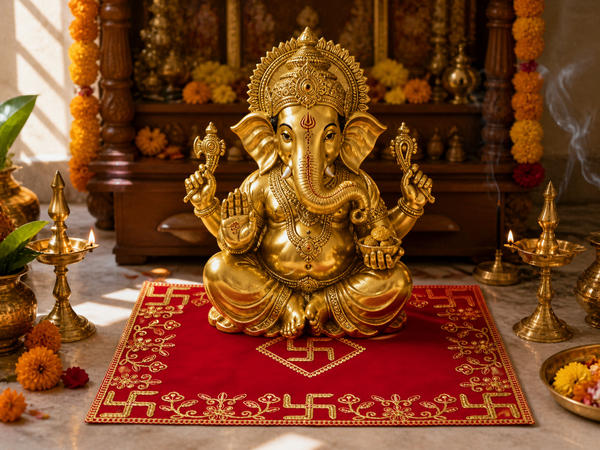 Designer Square Velvet Embroidered Red Pooja Aasan Cloth for Mandir | Premium Altar Cover for Temple, Puja Chowki, Home Shrine & Diwali Decoration