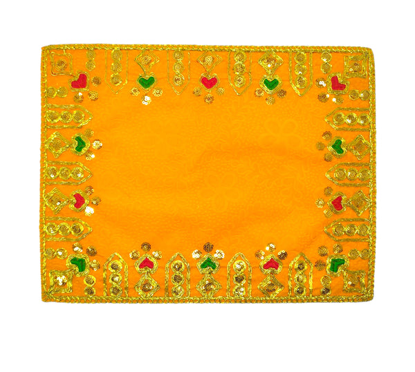 Designer Velvet Embroidered Pooja Aasan Cloth 30X40 inch Yellow | Chowki Aasan for God Idol