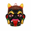 Painted demon face wall ornament with red eyes, red tongue, gold horns and loop