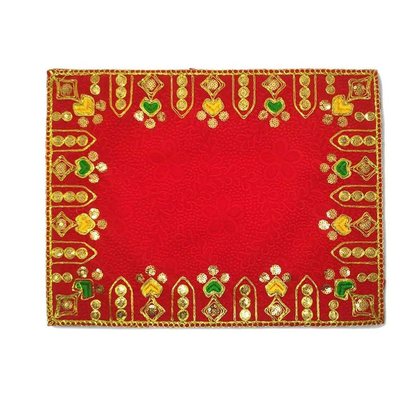 Red velvet pooja aasan cloth, gold border with jewel and diya embroidery