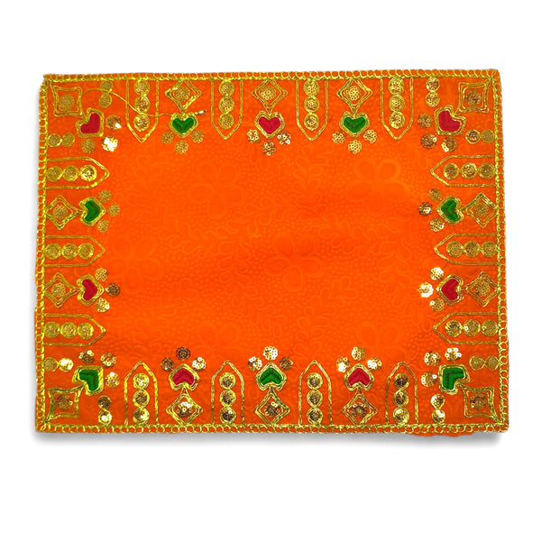 Designer Velvet Embroidered Pooja Aasan Cloth 13X19 inch ORANGE | Chowki Aasan for God Idol