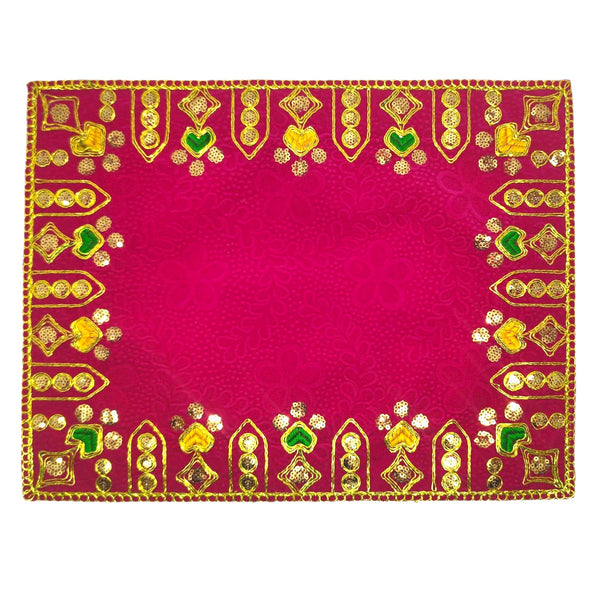Designer Velvet Embroidered Pooja Aasan Cloth 16X24 inch Pink | Chowki Aasan for God Idol