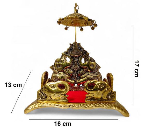 Elephant metal singhasan with red seat; 16 cm wide, 17 cm tall, 13 cm deep