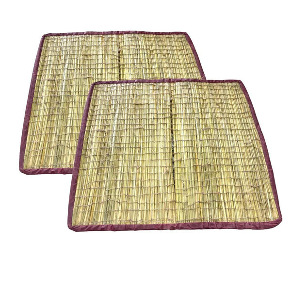 Two woven kusa mats with purple edges, overlapping flat views