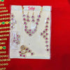 Jewellery shringar set in box on display card, gold-tone kundan with red teardrop stones