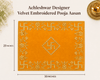 Orange velvet pooja asan cloth, 30x20 in, with gold geometric and floral embroidery