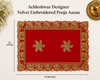 Red velvet puja aasan cloth with gold embroidered border and motifs, 30 x 20 in