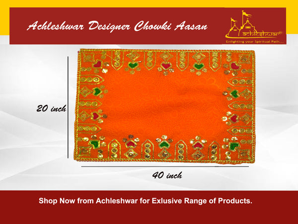 Designer Velvet Embroidered Pooja Aasan Cloth 20x40 inch ORANGE | Chowki Aasan for God Idol