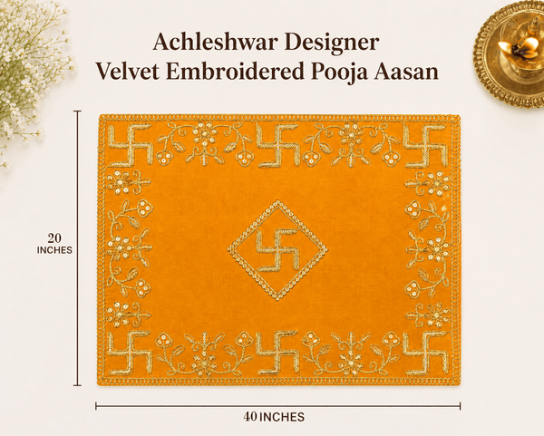 Orange velvet pooja asan cloth, 40x20 in, with gold geometric and floral embroidery