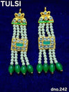 Long hanging latkan decoration with gold caps, blue stones, white pearl beads, green drops