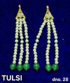 Pair of pearl bead latkan tassels with gold tops and green pom-poms