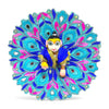 Embroidered circular poshak with blue and turquoise peacock pattern and pink accents