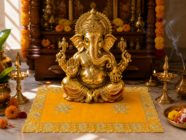 Luxury Designer Velvet Embroidered Yellow Pooja Aasan Cloth for Mandir | Premium Altar Cover for Temple, Puja Chowki, Home Shrine & Diwali Decoration