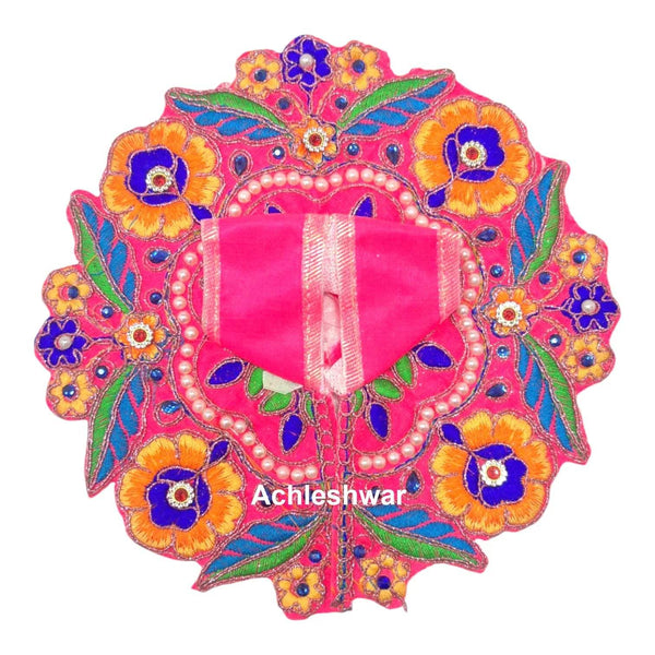 Handmade floral embroidered poshak dress with pink center panel and colorful appliques