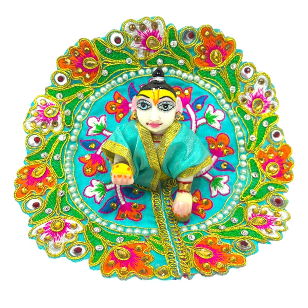 Embroidered Laddu Gopal dress with turquoise and green fabric, jeweled detailing and pearls