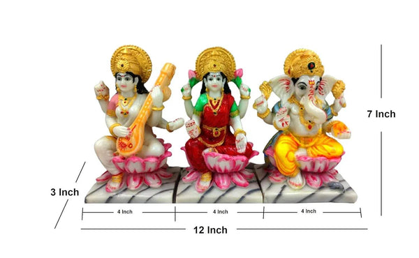 Three Hindu deity statues with size guide: 12 in base width, 7 in height