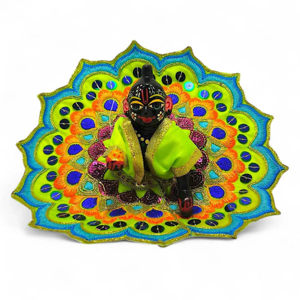 Embroidered baby deity poshak dress with neon green and multicolor peacock-feather fan