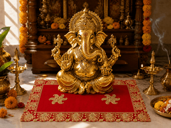 Red velvet pooja asan cloth with gold cross embroidery and ornate border