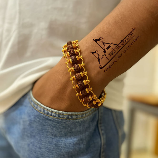 Achleshwar Gold Plated Premium Rudraksha Chain Bracelet for Men & Women | Stylish Spiritual Kada with Original Rudraksha Beads