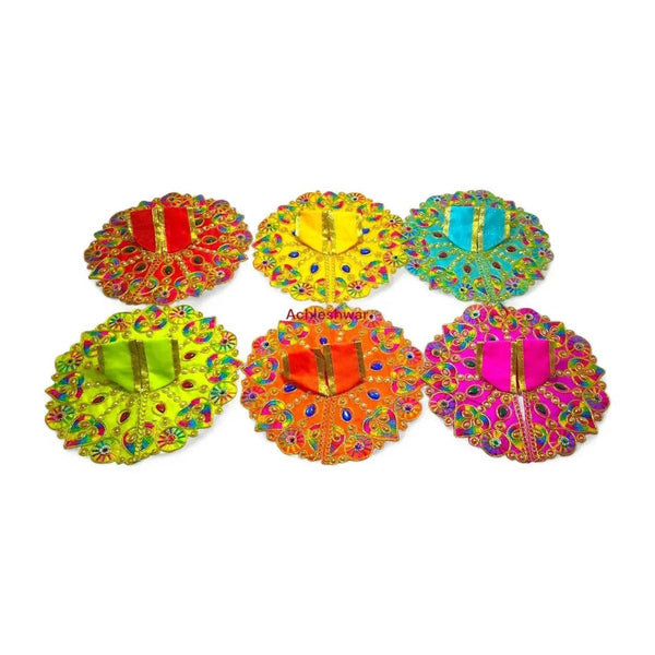 Six Bal Gopal poshak dresses in red, lime, teal, orange and magenta with bead-and-stonework