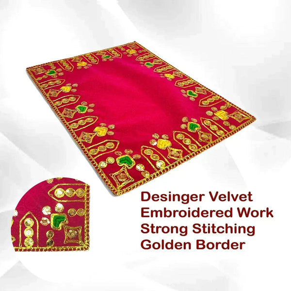 Red velvet pooja aasan cloth with gold embroidered border and festive corner motifs